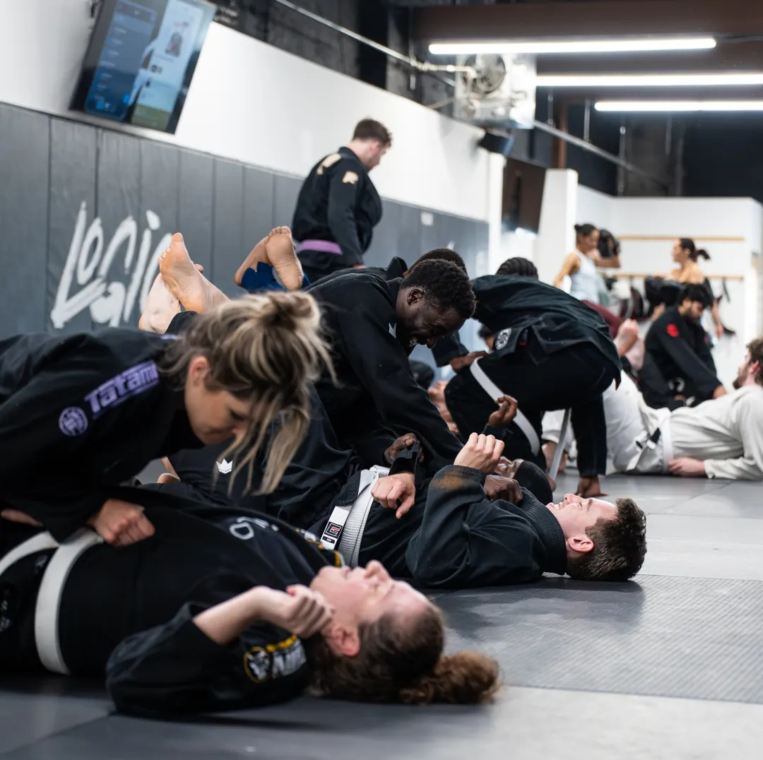 Beginners training together in a packed class at Logic Jiu Jitsu Philadelphia